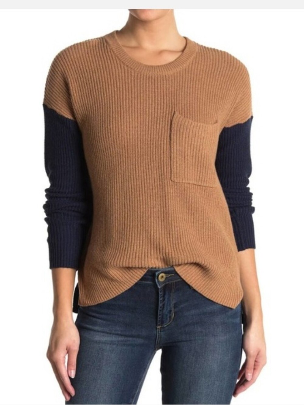 Madewell Thompson Pocket Colorblock Sweater S Camel Tan Navy Knit Style AC797